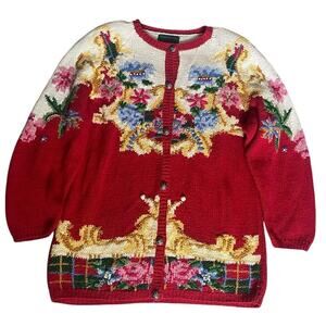 Cullinane Hand Knit Floral Cardigan Vintage Red Multi Graphic Sweater Large